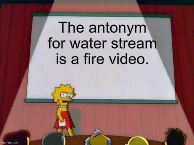 Lisa Simpson's Presentation | The antonym for water stream is a fire video. | image tagged in lisa simpson's presentation | made w/ Imgflip meme maker