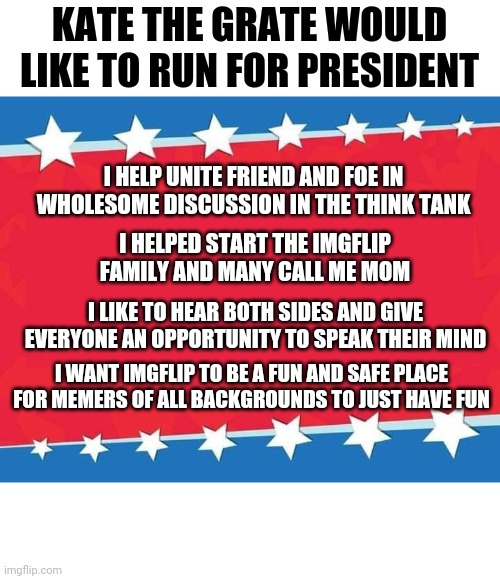 Would anyone like to be VP with me? | KATE THE GRATE WOULD LIKE TO RUN FOR PRESIDENT; I HELP UNITE FRIEND AND FOE IN WHOLESOME DISCUSSION IN THE THINK TANK; I HELPED START THE IMGFLIP FAMILY AND MANY CALL ME MOM; I LIKE TO HEAR BOTH SIDES AND GIVE EVERYONE AN OPPORTUNITY TO SPEAK THEIR MIND; I WANT IMGFLIP TO BE A FUN AND SAFE PLACE FOR MEMERS OF ALL BACKGROUNDS TO JUST HAVE FUN | image tagged in election banner blank | made w/ Imgflip meme maker