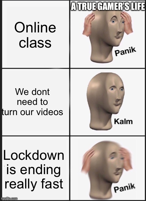 Panik Kalm Panik Meme | A TRUE GAMER’S LIFE; Online class; We dont need to turn our videos; Lockdown is ending really fast | image tagged in memes,panik kalm panik | made w/ Imgflip meme maker