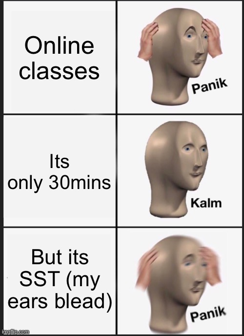 Panik Kalm Panik | Online classes; Its only 30mins; But its SST (my ears blead) | image tagged in memes,panik kalm panik | made w/ Imgflip meme maker