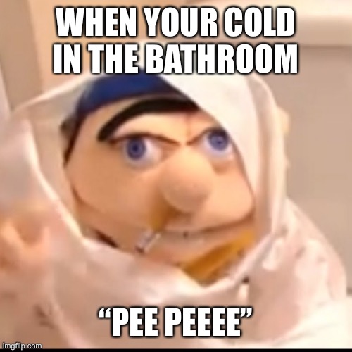 Cold bathroom jeffy | WHEN YOUR COLD IN THE BATHROOM; “PEE PEEEE” | image tagged in triggered jeffy | made w/ Imgflip meme maker