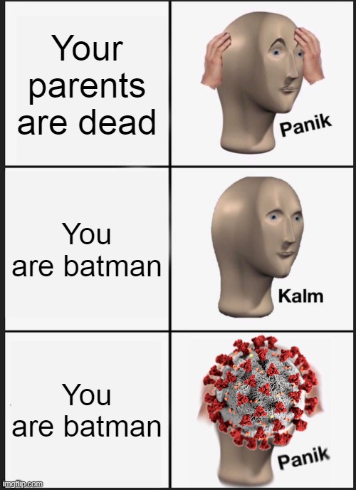 Panik Kalm Panik | Your parents are dead; You are batman; You are batman | image tagged in memes,panik kalm panik | made w/ Imgflip meme maker