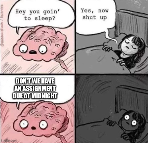 waking up brain | DON'T WE HAVE AN ASSIGNMENT DUE AT MIDNIGHT | image tagged in waking up brain | made w/ Imgflip meme maker
