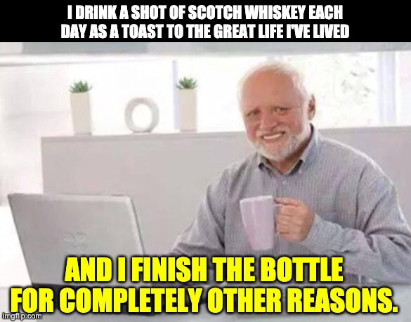 Harold | I DRINK A SHOT OF SCOTCH WHISKEY EACH DAY AS A TOAST TO THE GREAT LIFE I'VE LIVED; AND I FINISH THE BOTTLE FOR COMPLETELY OTHER REASONS. | image tagged in harold | made w/ Imgflip meme maker