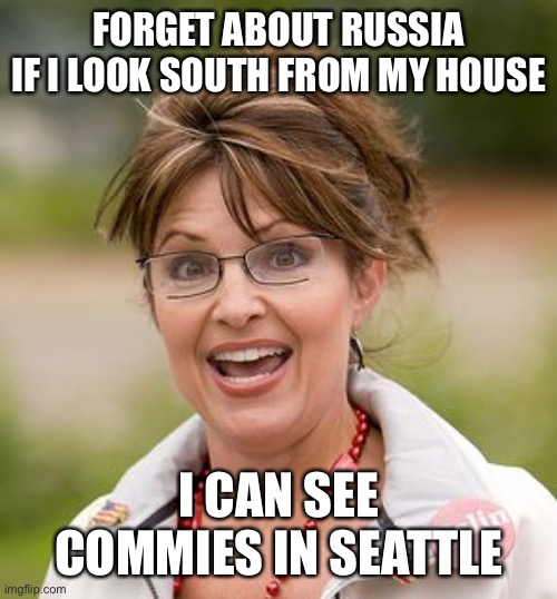 They are already here! | FORGET ABOUT RUSSIA
IF I LOOK SOUTH FROM MY HOUSE; I CAN SEE COMMIES IN SEATTLE | image tagged in sarah palin,commies,in seattle,forget russia | made w/ Imgflip meme maker