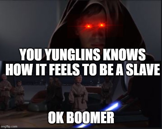 Star Wars Anikin kill younglings | YOU YUNGLINS KNOWS HOW IT FEELS TO BE A SLAVE; OK BOOMER | image tagged in star wars anikin kill younglings | made w/ Imgflip meme maker