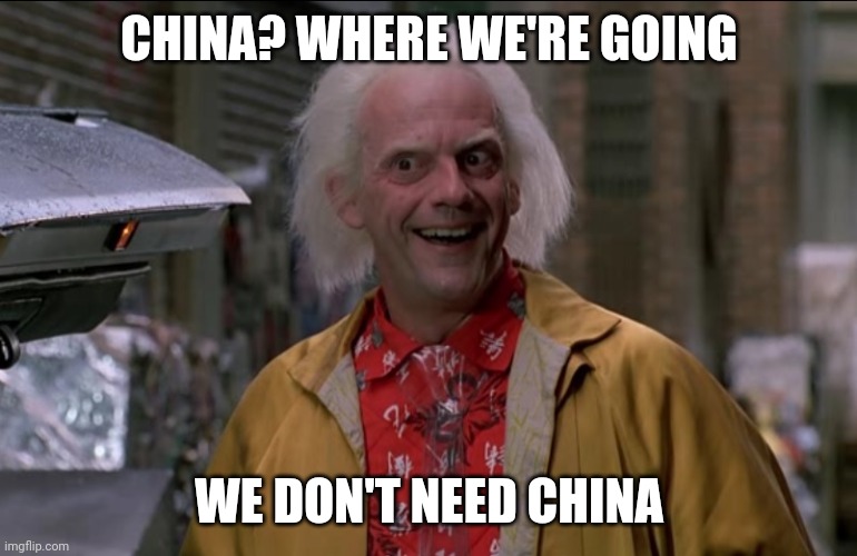 Doc Brown | CHINA? WHERE WE'RE GOING; WE DON'T NEED CHINA | image tagged in doc brown | made w/ Imgflip meme maker
