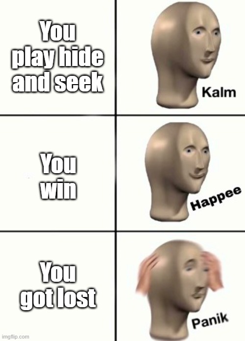 Kalm Hapee Panik | You play hide and seek; You win; You got lost | image tagged in kalm hapee panik | made w/ Imgflip meme maker