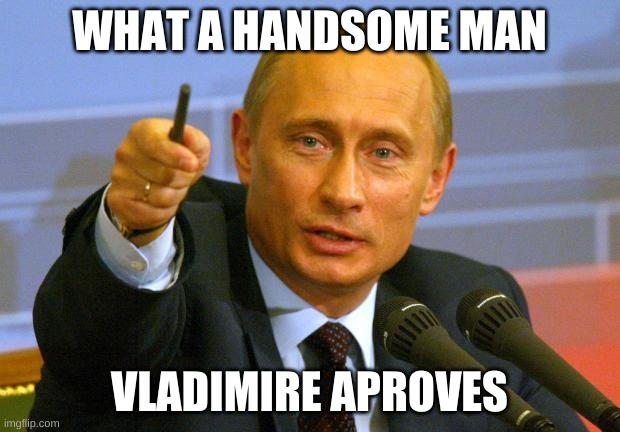 Good Guy Putin | WHAT A HANDSOME MAN; VLADIMIRE APROVES | image tagged in memes,good guy putin | made w/ Imgflip meme maker