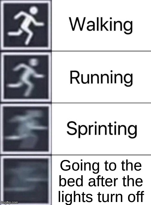 Walking, Running, Sprinting | Going to the bed after the lights turn off | image tagged in walking running sprinting,memes,funny | made w/ Imgflip meme maker
