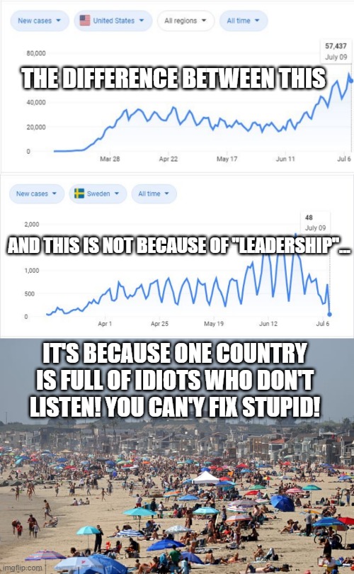 Facts | THE DIFFERENCE BETWEEN THIS; AND THIS IS NOT BECAUSE OF "LEADERSHIP"... IT'S BECAUSE ONE COUNTRY IS FULL OF IDIOTS WHO DON'T LISTEN! YOU CAN'Y FIX STUPID! | image tagged in coronavirus,politics | made w/ Imgflip meme maker