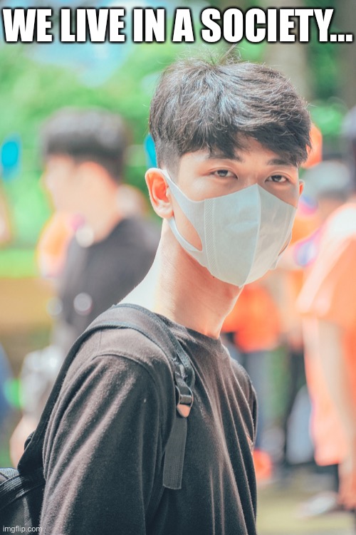 Citizens of East Asian countries have known this for decades, donning face masks without complaint at the first sign of sniffles | WE LIVE IN A SOCIETY... | image tagged in face mask,asian,pandemic,covid-19,coronavirus,we live in a society | made w/ Imgflip meme maker