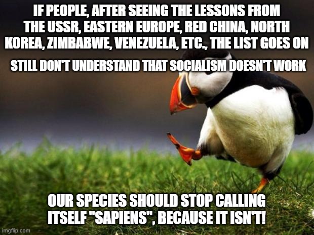 There Ain't No Such Thing As A Free Lunch! Get it? | IF PEOPLE, AFTER SEEING THE LESSONS FROM THE USSR, EASTERN EUROPE, RED CHINA, NORTH KOREA, ZIMBABWE, VENEZUELA, ETC., THE LIST GOES ON; STILL DON'T UNDERSTAND THAT SOCIALISM DOESN'T WORK; OUR SPECIES SHOULD STOP CALLING ITSELF "SAPIENS", BECAUSE IT ISN'T! | image tagged in memes,unpopular opinion puffin,socialism | made w/ Imgflip meme maker