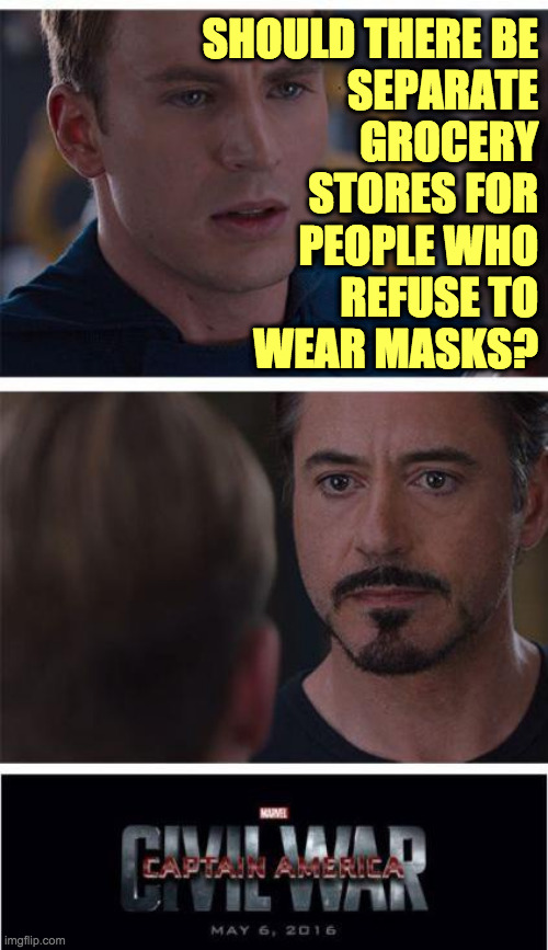I'd feel a lot safer. | SHOULD THERE BE
SEPARATE
GROCERY
STORES FOR
PEOPLE WHO
REFUSE TO
WEAR MASKS? | image tagged in memes,marvel civil war 1,boneheads,covid-19 | made w/ Imgflip meme maker