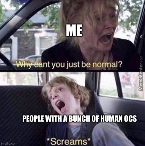 It be like this in my mind | ME; PEOPLE WITH A BUNCH OF HUMAN OCS | image tagged in why can't you just be normal | made w/ Imgflip meme maker