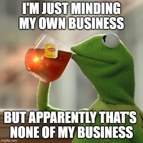 Minding My Own Business | I'M JUST MINDING MY OWN BUSINESS; BUT APPARENTLY THAT'S 
NONE OF MY BUSINESS | image tagged in memes,but that's none of my business,kermit the frog | made w/ Imgflip meme maker
