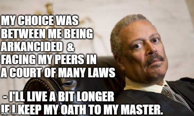 Judge SOLDIVAN | MY CHOICE WAS BETWEEN ME BEING ARKANCIDED  &  FACING MY PEERS IN A COURT OF MANY LAWS; - I'LL LIVE A BIT LONGER IF I KEEP MY OATH TO MY MASTER. | image tagged in judge sullivan,corrupt legal,deep state,sullivan,judge | made w/ Imgflip meme maker