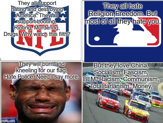 Sports | They all support hating and destroying America. They all support Looting, Rioting, Murdering, Drugs. Why watch this filth? They all hate Religion,Freedom. But most of all they hate you. They will burn and kneeling for our flag. Hate Police. Need I say more. But they love China, Socialism ,Fascism, BLM, Racism, Communism, Totalitarianism, Money, | image tagged in memes,blank comic panel 2x2 | made w/ Imgflip meme maker