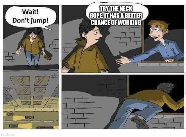 Wait Don’t Jump | TRY THE NECK ROPE, IT HAS A BETTER CHANCE OF WORKING | image tagged in wait dont jump | made w/ Imgflip meme maker