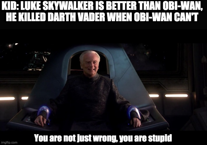 Sheev Kill Him | KID: LUKE SKYWALKER IS BETTER THAN OBI-WAN, 
HE KILLED DARTH VADER WHEN OBI-WAN CAN'T; You are not just wrong, you are stupid | image tagged in sheev kill him,star wars | made w/ Imgflip meme maker