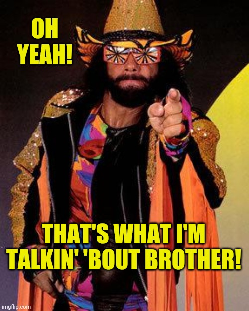 Macho Man | OH YEAH! THAT'S WHAT I'M TALKIN' 'BOUT BROTHER! | image tagged in macho man | made w/ Imgflip meme maker