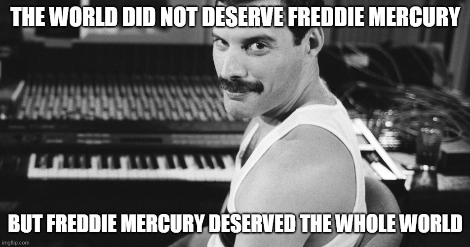 freddie mercury deserved the world | THE WORLD DID NOT DESERVE FREDDIE MERCURY; BUT FREDDIE MERCURY DESERVED THE WHOLE WORLD | image tagged in freddie mercury,queen | made w/ Imgflip meme maker