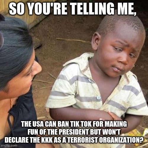 hmmmm | SO YOU'RE TELLING ME, THE USA CAN BAN TIK TOK FOR MAKING FUN OF THE PRESIDENT BUT WON'T DECLARE THE KKK AS A TERRORIST ORGANIZATION? | image tagged in memes,third world skeptical kid | made w/ Imgflip meme maker