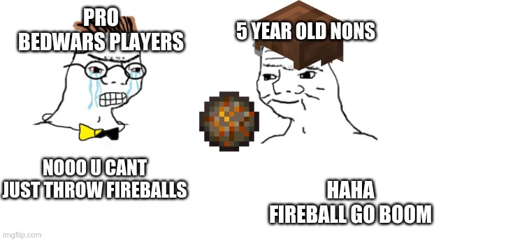 nooo haha go brrr | PRO BEDWARS PLAYERS; 5 YEAR OLD NONS; NOOO U CANT JUST THROW FIREBALLS; HAHA FIREBALL GO BOOM | image tagged in nooo haha go brrr | made w/ Imgflip meme maker