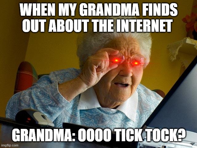 no grand ma | WHEN MY GRANDMA FINDS OUT ABOUT THE INTERNET; GRANDMA: OOOO TICK TOCK? | image tagged in memes,grandma finds the internet | made w/ Imgflip meme maker