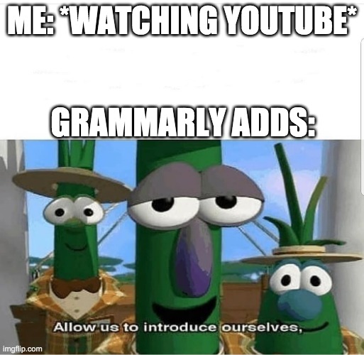 Allow us to introduce ourselves | ME: *WATCHING YOUTUBE*; GRAMMARLY ADDS: | image tagged in allow us to introduce ourselves,grammarly,ads,youtube | made w/ Imgflip meme maker