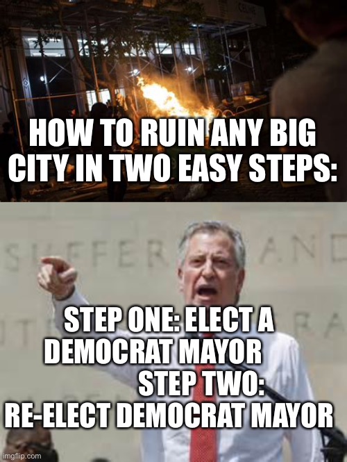 How to destroy any big city. | HOW TO RUIN ANY BIG CITY IN TWO EASY STEPS:; STEP ONE: ELECT A DEMOCRAT MAYOR                   STEP TWO: RE-ELECT DEMOCRAT MAYOR | image tagged in mayor,democrats,chaos,losers | made w/ Imgflip meme maker