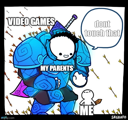 Blue armor guy | VIDEO GAMES; dont touch that; MY PARENTS; ME | image tagged in blue armor guy | made w/ Imgflip meme maker