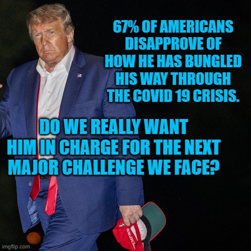 President Panemic, Ineptitude Incarnate | 67% OF AMERICANS DISAPPROVE OF HOW HE HAS BUNGLED HIS WAY THROUGH THE COVID 19 CRISIS. DO WE REALLY WANT HIM IN CHARGE FOR THE NEXT MAJOR CHALLENGE WE FACE? | image tagged in politics | made w/ Imgflip meme maker