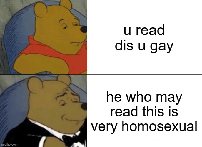 Tuxedo Winnie The Pooh | u read dis u gay; he who may read this is very homosexual | image tagged in memes,tuxedo winnie the pooh,gay | made w/ Imgflip meme maker