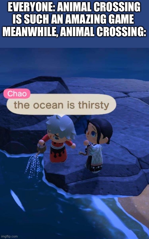 Thirsty Ocean | EVERYONE: ANIMAL CROSSING IS SUCH AN AMAZING GAME 
MEANWHILE, ANIMAL CROSSING: | image tagged in animal crossing,ocean | made w/ Imgflip meme maker