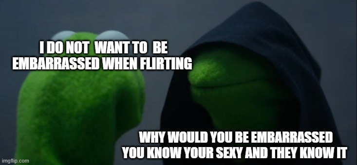 embarrassed flirting | I DO NOT  WANT TO  BE EMBARRASSED WHEN FLIRTING; WHY WOULD YOU BE EMBARRASSED YOU KNOW YOUR SEXY AND THEY KNOW IT | image tagged in memes,evil kermit | made w/ Imgflip meme maker
