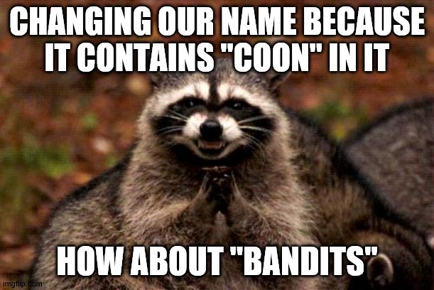 racoons | CHANGING OUR NAME BECAUSE IT CONTAINS "COON" IN IT; HOW ABOUT "BANDITS" | image tagged in evil plotting raccoon | made w/ Imgflip meme maker