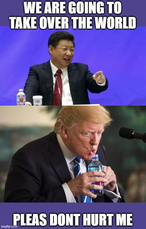 Weak = donald drumpf change my mine | WE ARE GOING TO TAKE OVER THE WORLD; PLEAS DONT HURT ME | image tagged in xi jinping laughing,trump water,maga,memes,politics,donald trump is an idiot | made w/ Imgflip meme maker