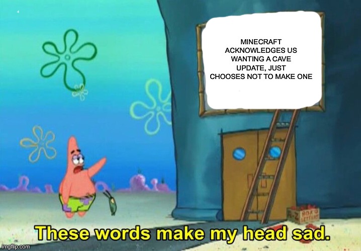 These words make my head sad Patrick | MINECRAFT ACKNOWLEDGES US WANTING A CAVE UPDATE, JUST CHOOSES NOT TO MAKE ONE | image tagged in these words make my head sad patrick | made w/ Imgflip meme maker