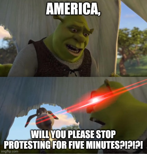 Shrek For Five Minutes | AMERICA, WILL YOU PLEASE STOP PROTESTING FOR FIVE MINUTES?!?!?! | image tagged in shrek for five minutes | made w/ Imgflip meme maker