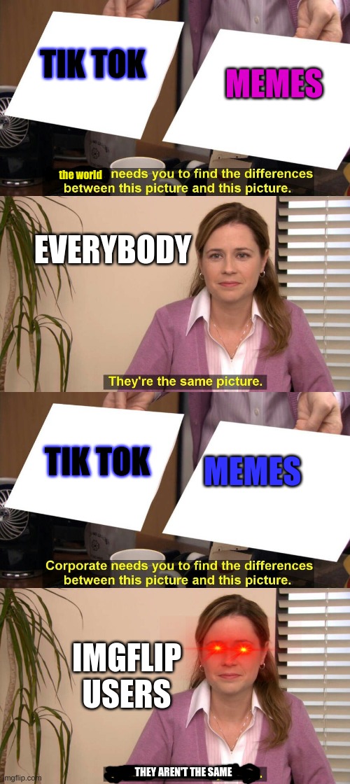 tik tokneeds to die | TIK TOK; MEMES; the world; EVERYBODY; MEMES; TIK TOK; IMGFLIP USERS; THEY AREN'T THE SAME | image tagged in they are the same picture | made w/ Imgflip meme maker