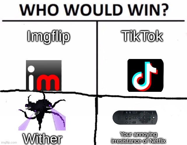 Who Would Win? | Imgflip; TikTok; Your annoying irresistance of Netflix; Wither | image tagged in memes,who would win | made w/ Imgflip meme maker