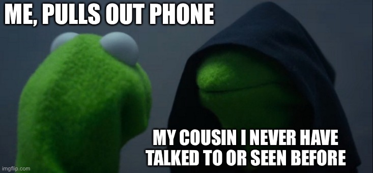 Cousins when I pull out my phone... | ME, PULLS OUT PHONE; MY COUSIN I NEVER HAVE TALKED TO OR SEEN BEFORE | image tagged in memes,evil kermit | made w/ Imgflip meme maker