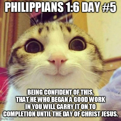 Smiling Cat Meme | PHILIPPIANS 1:6 DAY #5; BEING CONFIDENT OF THIS, THAT HE WHO BEGAN A GOOD WORK IN YOU WILL CARRY IT ON TO COMPLETION UNTIL THE DAY OF CHRIST JESUS. | image tagged in memes,smiling cat | made w/ Imgflip meme maker