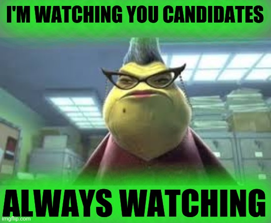 Monsters Inc Roz | I'M WATCHING YOU CANDIDATES ALWAYS WATCHING | image tagged in monsters inc roz | made w/ Imgflip meme maker