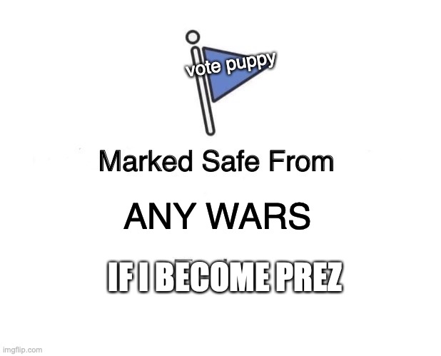 I will help avoid wars, not start them | vote puppy; ANY WARS; TODAY; IF I BECOME PREZ | image tagged in memes,marked safe from,vote puppy,puppy for prez,no war,stay safe | made w/ Imgflip meme maker