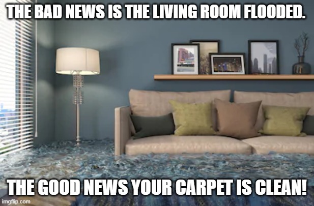 FLOOD | THE BAD NEWS IS THE LIVING ROOM FLOODED. THE GOOD NEWS YOUR CARPET IS CLEAN! | image tagged in flood | made w/ Imgflip meme maker