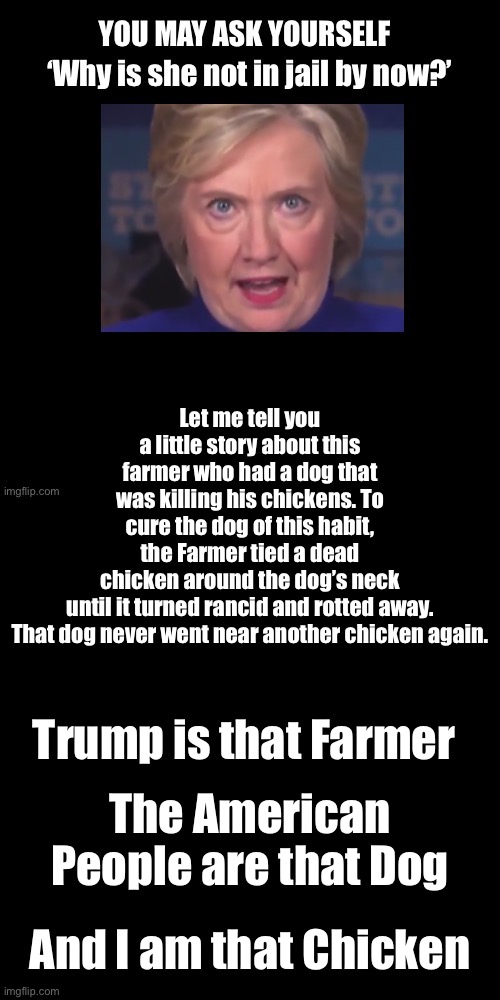 https://www.thegatewaypundit.com/2020/07/uk-court-determines-former-mi6-agent-christopher-steele-lied-trump-russia-collusion/ | Let me tell you a little story about this farmer who had a dog that was killing his chickens. To cure the dog of this habit, the Farmer tied a dead chicken around the dog’s neck until it turned rancid and rotted away.

That dog never went near another chicken again. Trump is that Farmer; The American People are that Dog; And I am that Chicken | image tagged in black square,hillary for prison,donald trump approves,trump russia | made w/ Imgflip meme maker