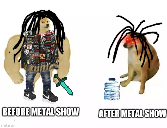 Heavy / Death Metal/Deathcore Metal meme | AFTER METAL SHOW; BEFORE METAL SHOW | image tagged in buff doge vs cheems | made w/ Imgflip meme maker