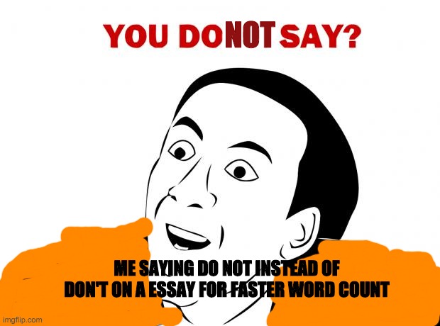 essay babey | ME SAYING DO NOT INSTEAD OF DON'T ON A ESSAY FOR FASTER WORD COUNT NOT | image tagged in memes,you don't say | made w/ Imgflip meme maker